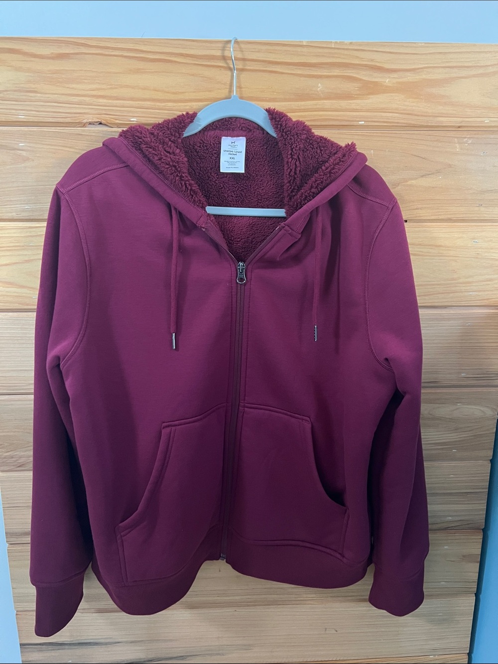 Plush-Lined Hooded Teddy Jacket in Wine